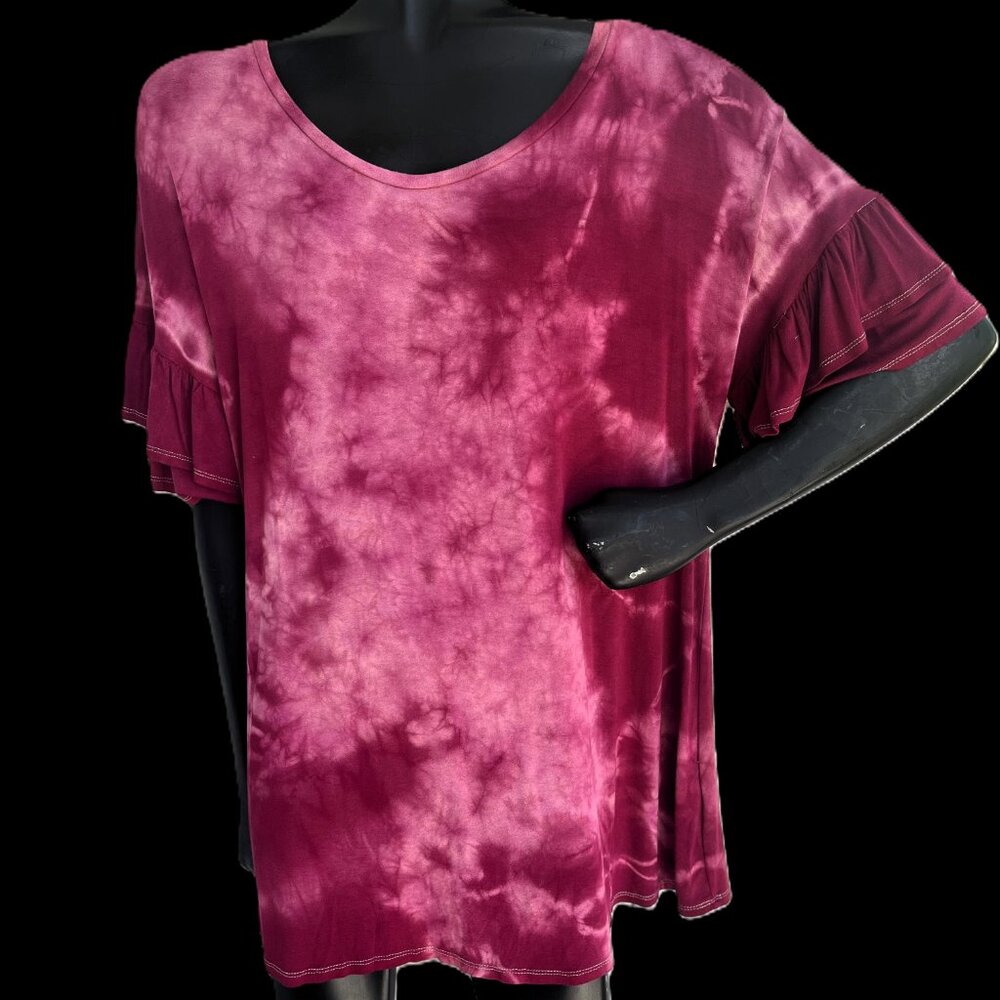 NWT Super Comfy Hand Tie-dyed Ruffled Sleeve Rayon Tee Raspberry